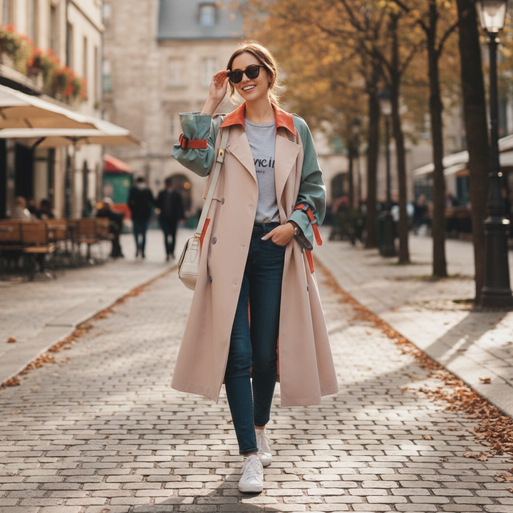 Lang dame trenchcoat i beige med blå og orange farveblokke