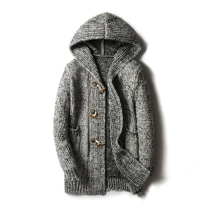 Strikket cardigan med hætte, knapper og forlommer