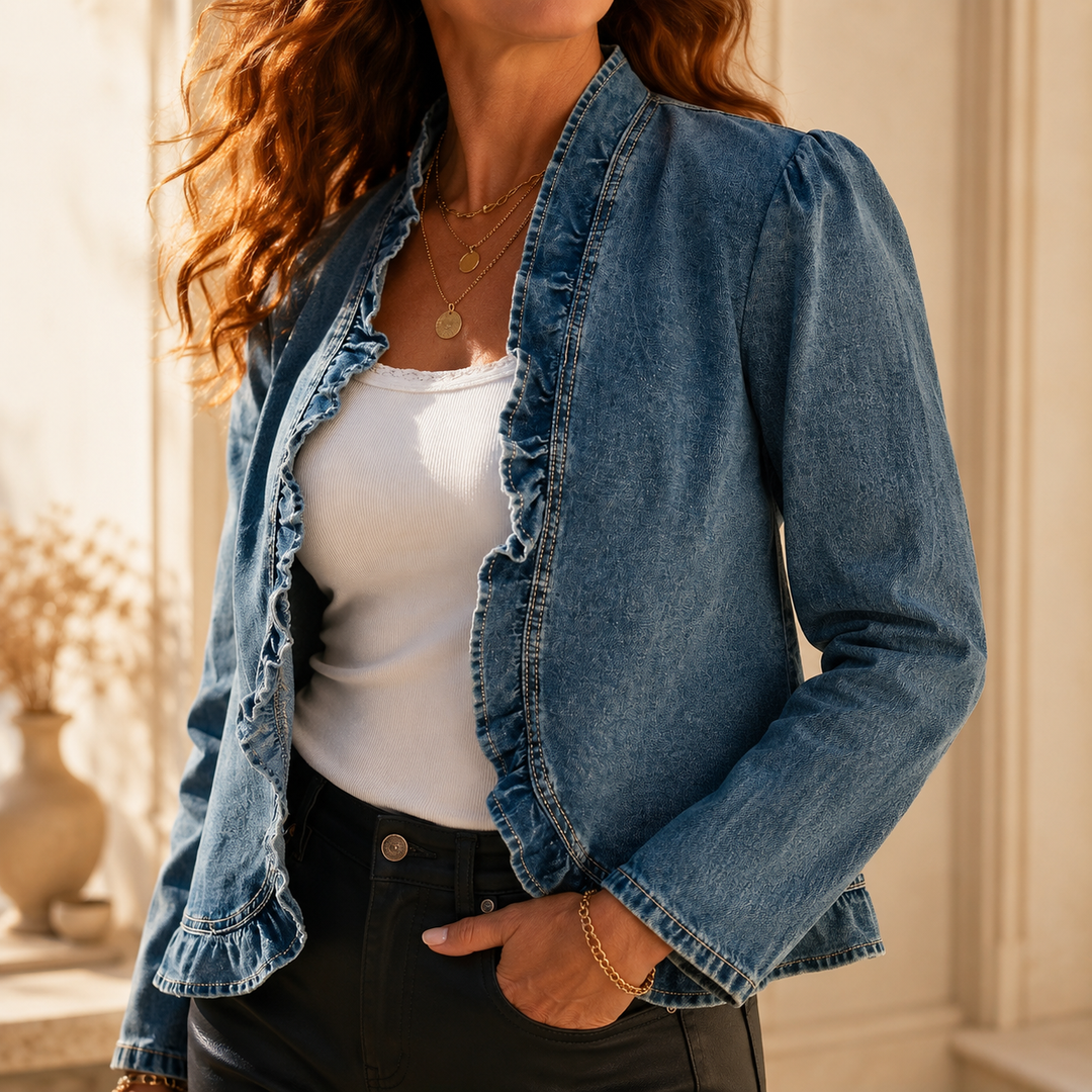 Blå denimjakke til kvinder med flæsekanter, åben front og lange ærmer
