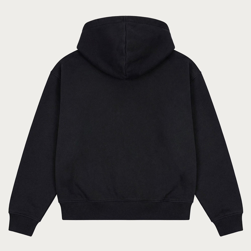Sort unisex hoodie med hætte, lange ærmer og kængurulomme