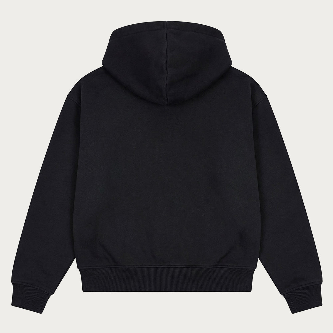 Sort unisex hoodie med hætte, lange ærmer og kængurulomme