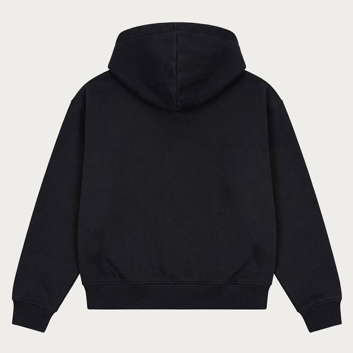Sort unisex hoodie med hætte, lange ærmer og kængurulomme