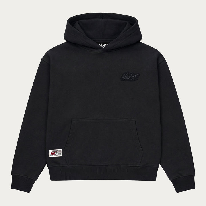 Sort unisex hoodie med hætte, lange ærmer og kængurulomme