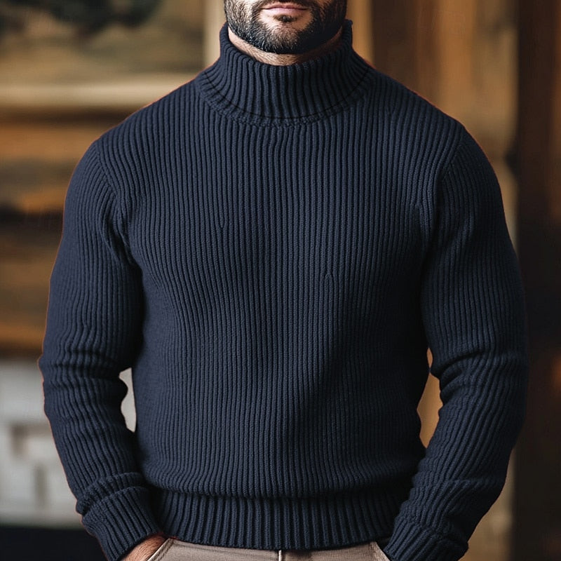 Herre rullekravesweater med lodret ribstruktur og lange ærmer
