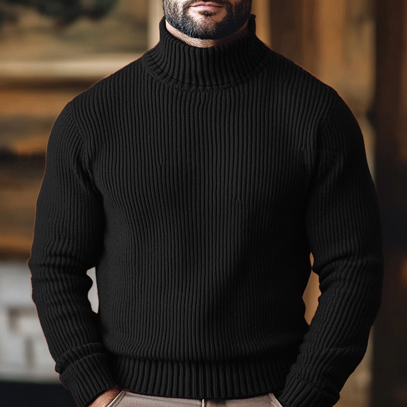Herre rullekravesweater med lodret ribstruktur og lange ærmer