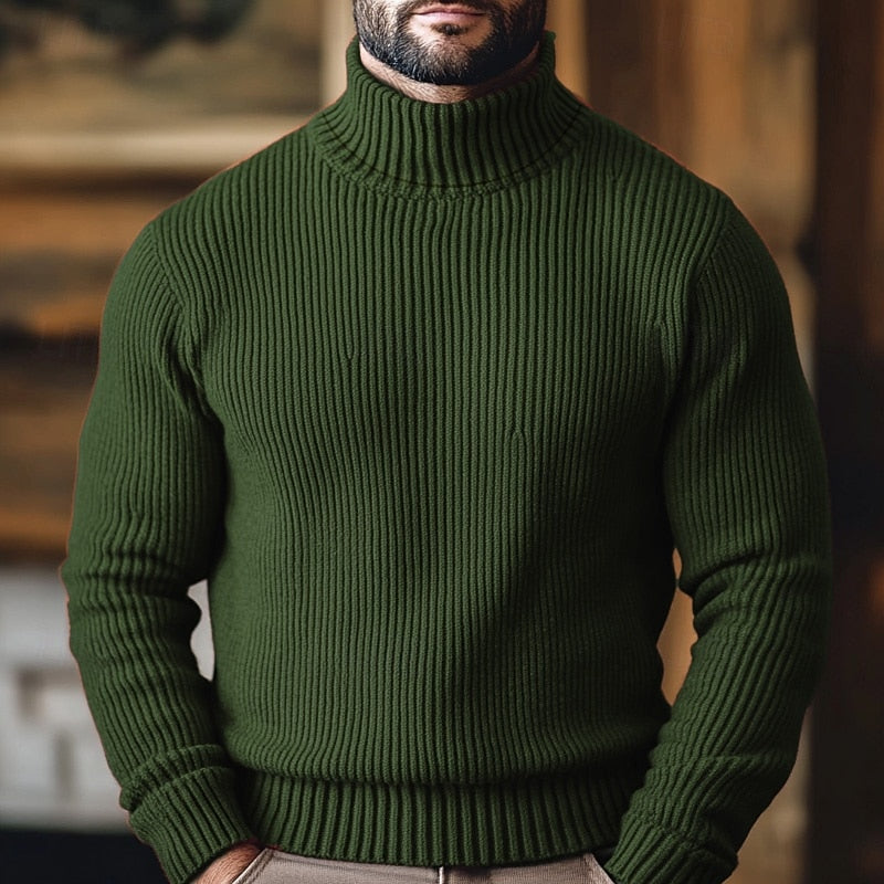 Herre rullekravesweater med lodret ribstruktur og lange ærmer