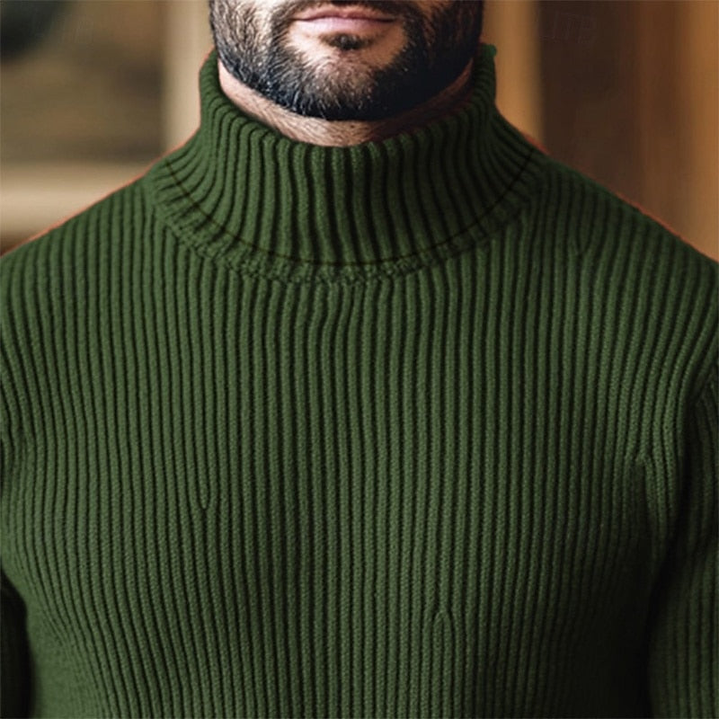 Herre rullekravesweater med lodret ribstruktur og lange ærmer