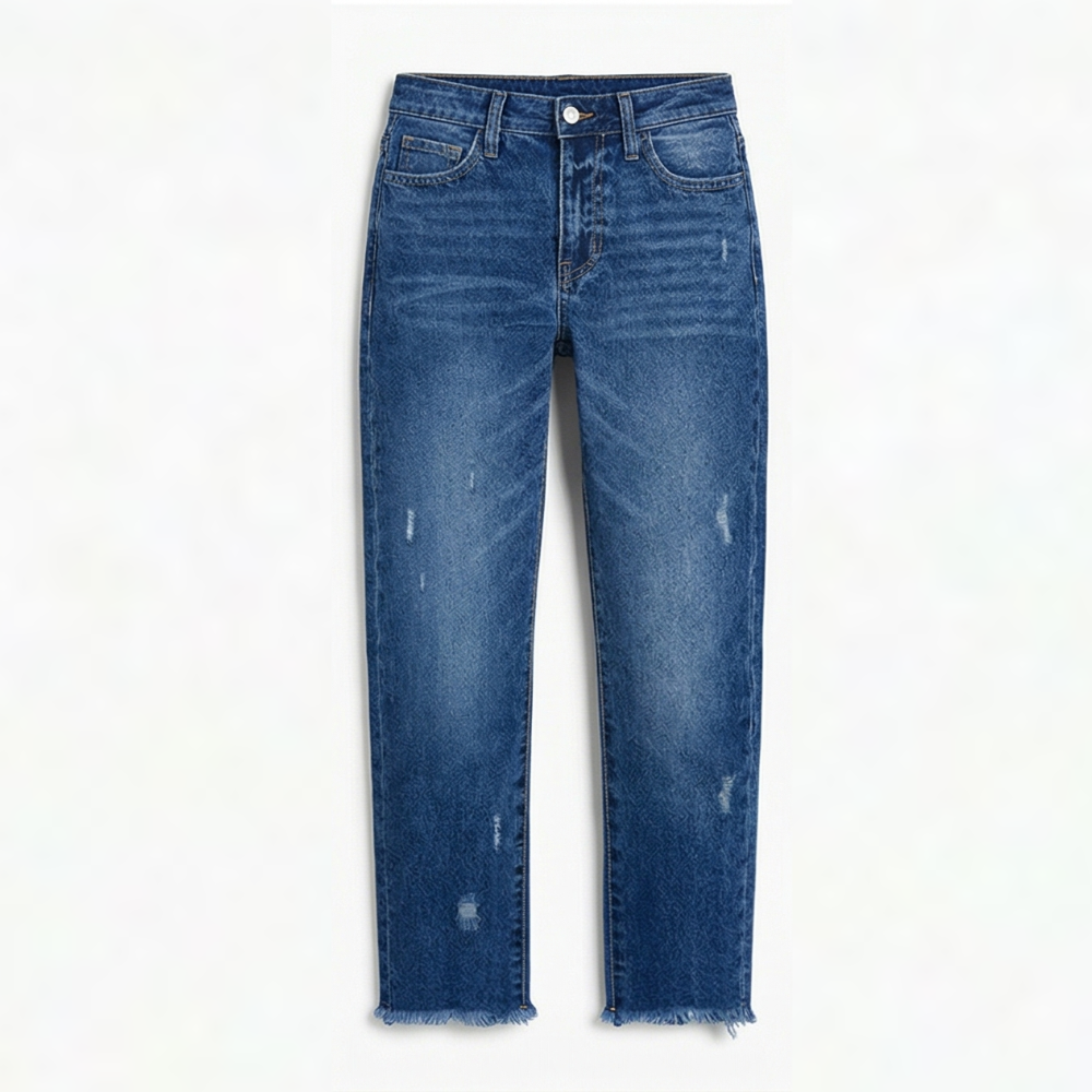 Damejeans med lige ben, slidte detaljer og frynsede cropped kanter
