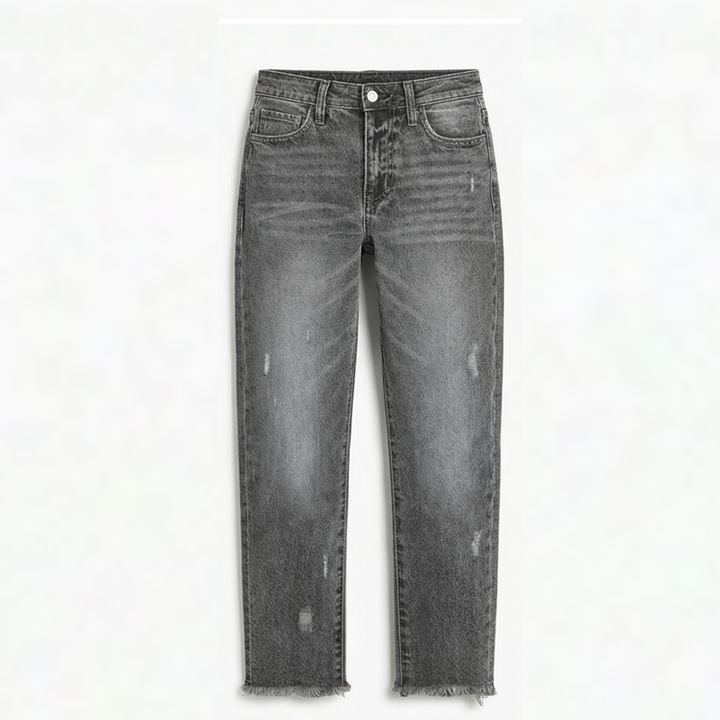 Damejeans med lige ben, slidte detaljer og frynsede cropped kanter