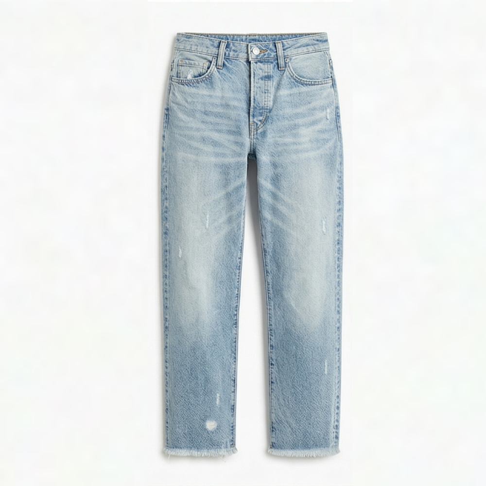Damejeans med lige ben, slidte detaljer og frynsede cropped kanter
