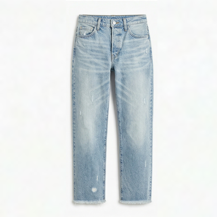 Damejeans med lige ben, slidte detaljer og frynsede cropped kanter