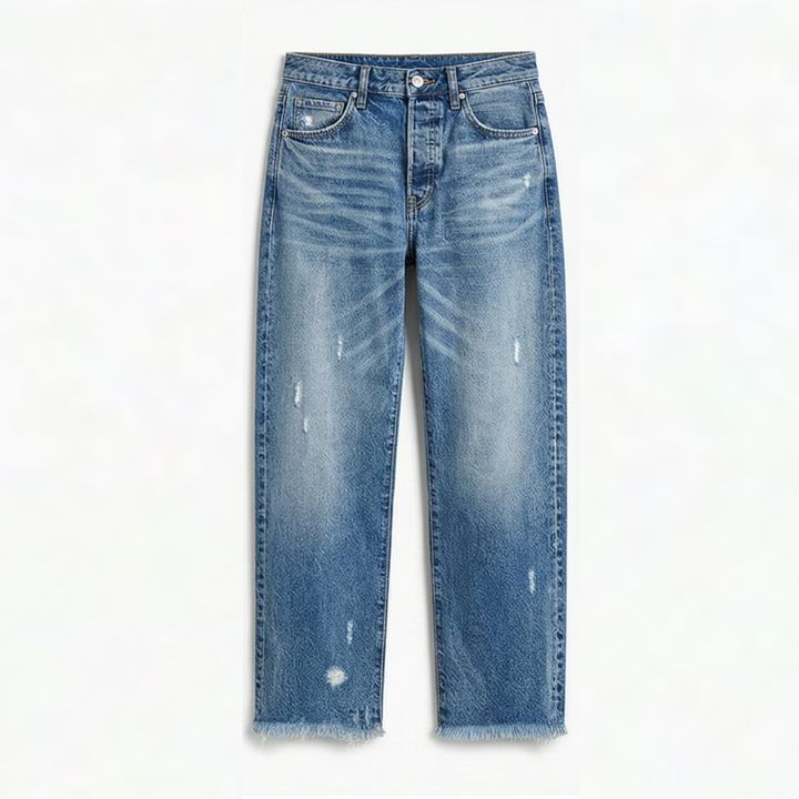 Damejeans med lige ben, slidte detaljer og frynsede cropped kanter