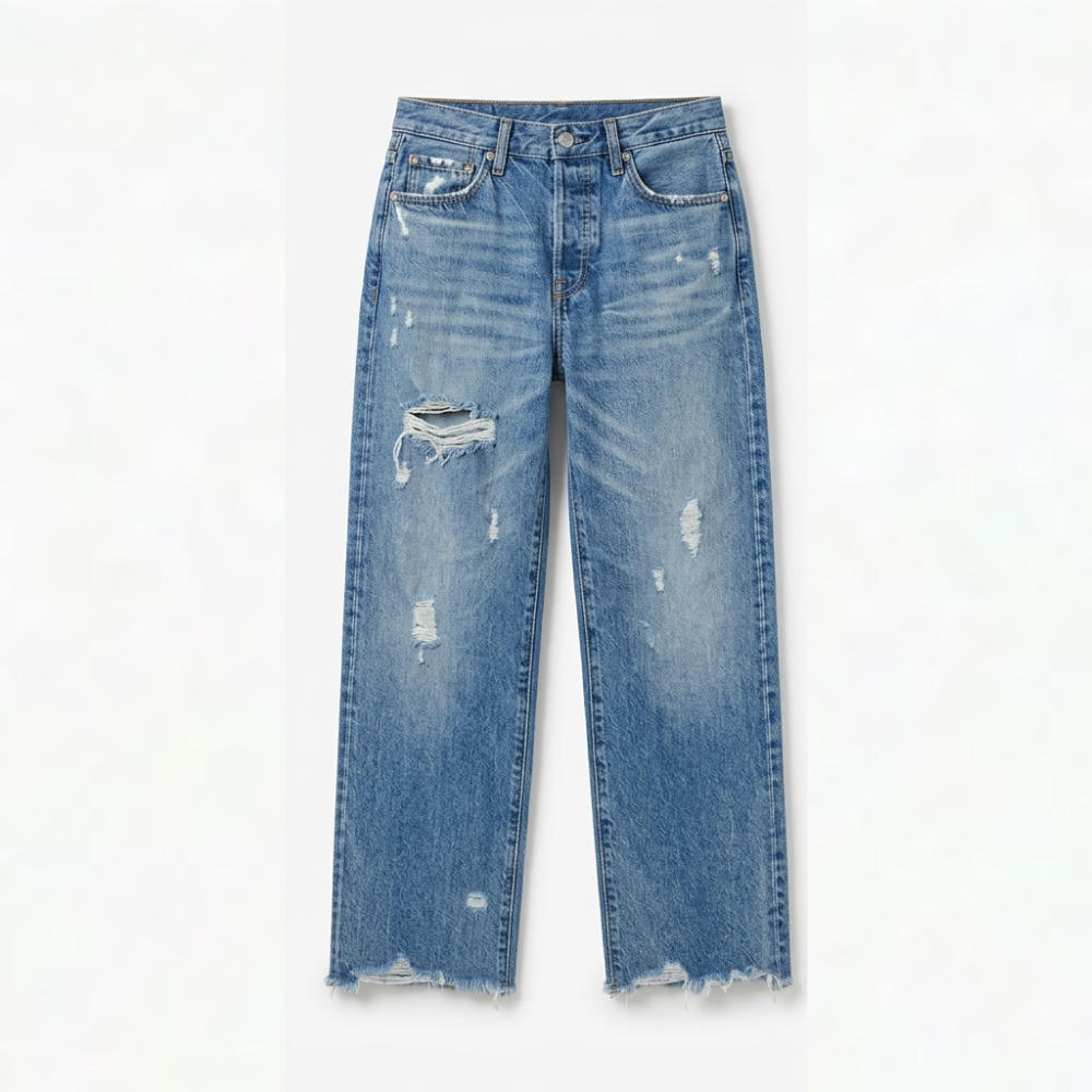 Damejeans med lige ben, slidte detaljer og frynsede cropped kanter