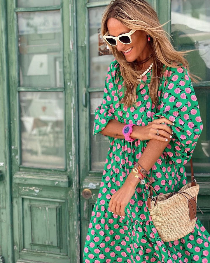 Women's Printed V Neck Flowy Maxi Dress
