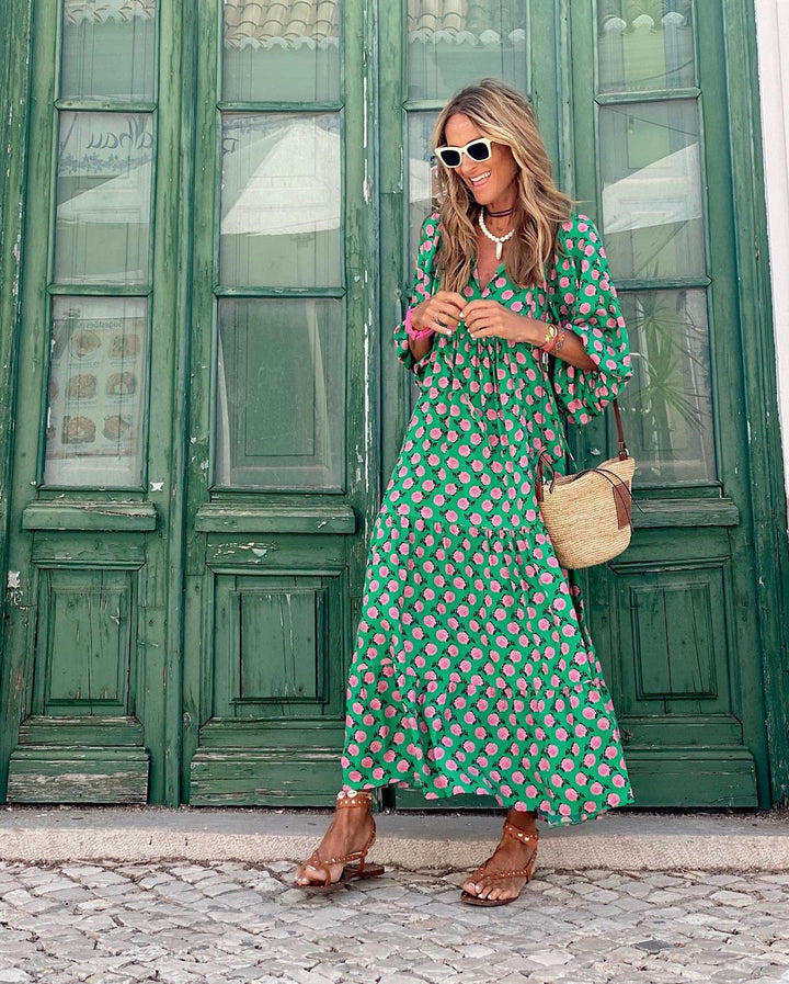 Women's Printed V Neck Flowy Maxi Dress