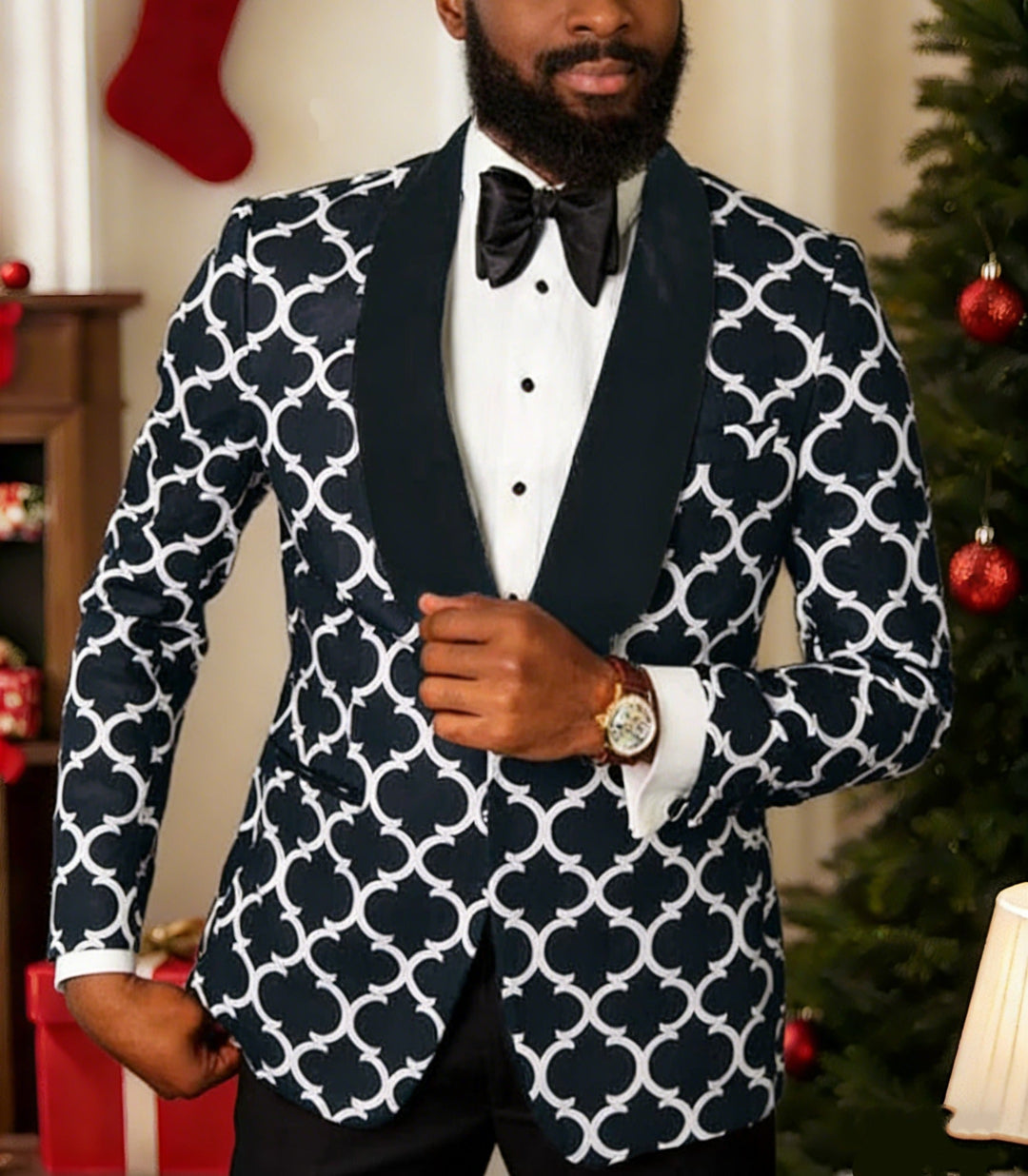 Atticus | Men's Patterned Blazer Three Piece Set with Long Sleeve Shirt and Bow Tie