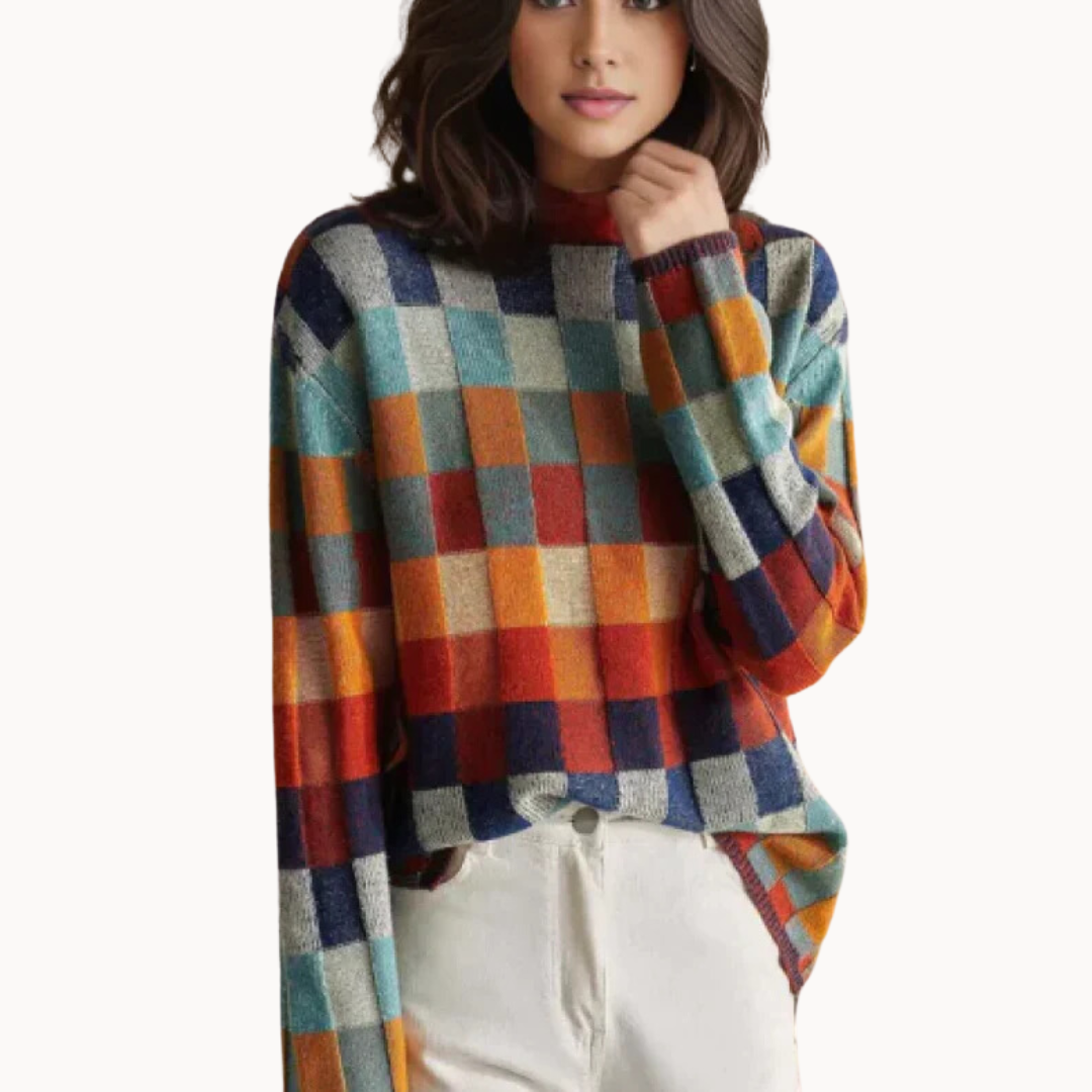 Damesweater med rullekrave og flerfarvet ternet patchwork