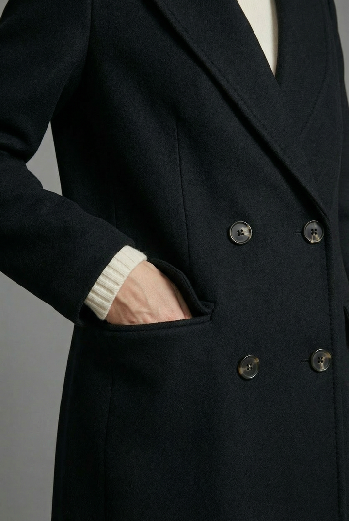 Cappotto lungo da donna nero con revers classico e maniche lunghe