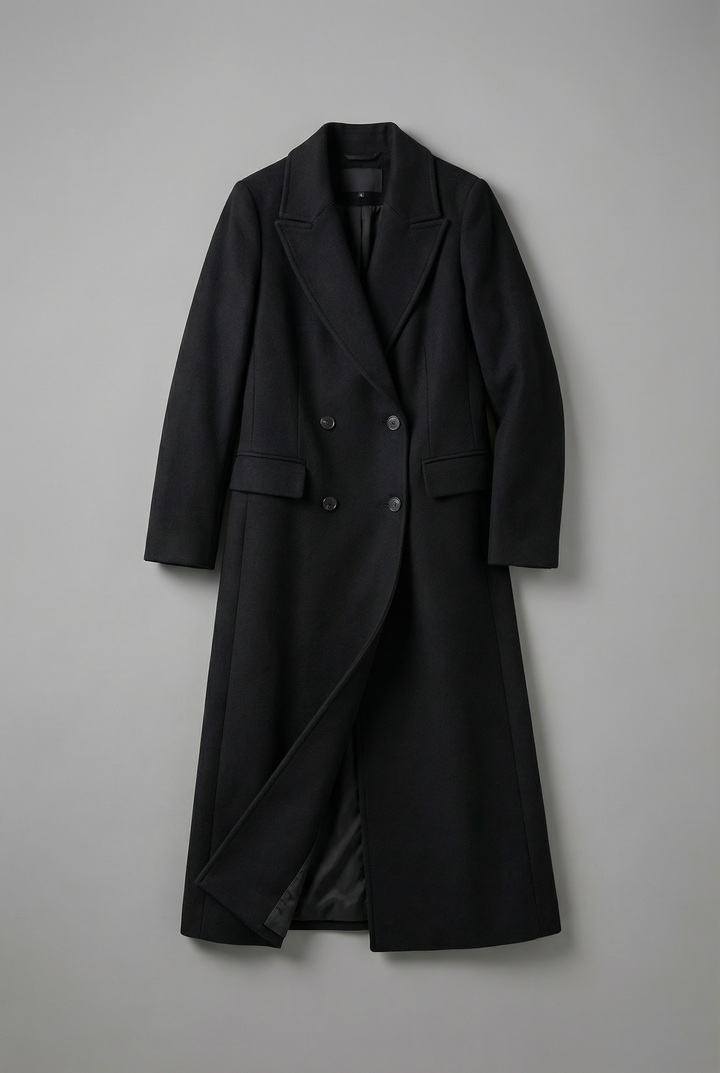 Cappotto lungo da donna nero con revers classico e maniche lunghe