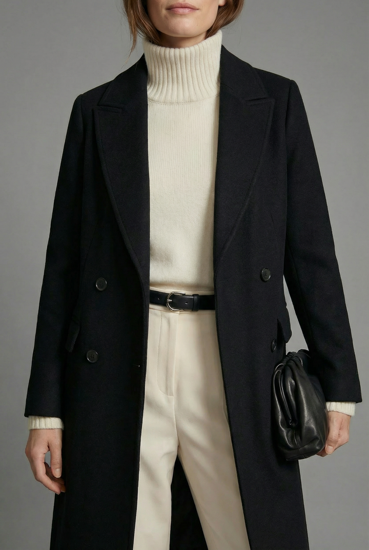 Cappotto lungo da donna nero con revers classico e maniche lunghe