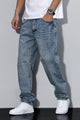 Herrejeans med loose fit, lige ben, fem lommer og vasket denimudtryk