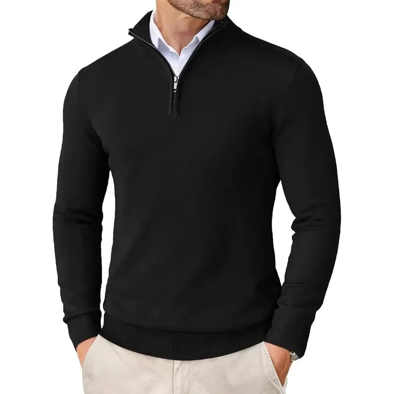 Herren Strickpullover mit halbem Reißverschluss und hohem Kragen