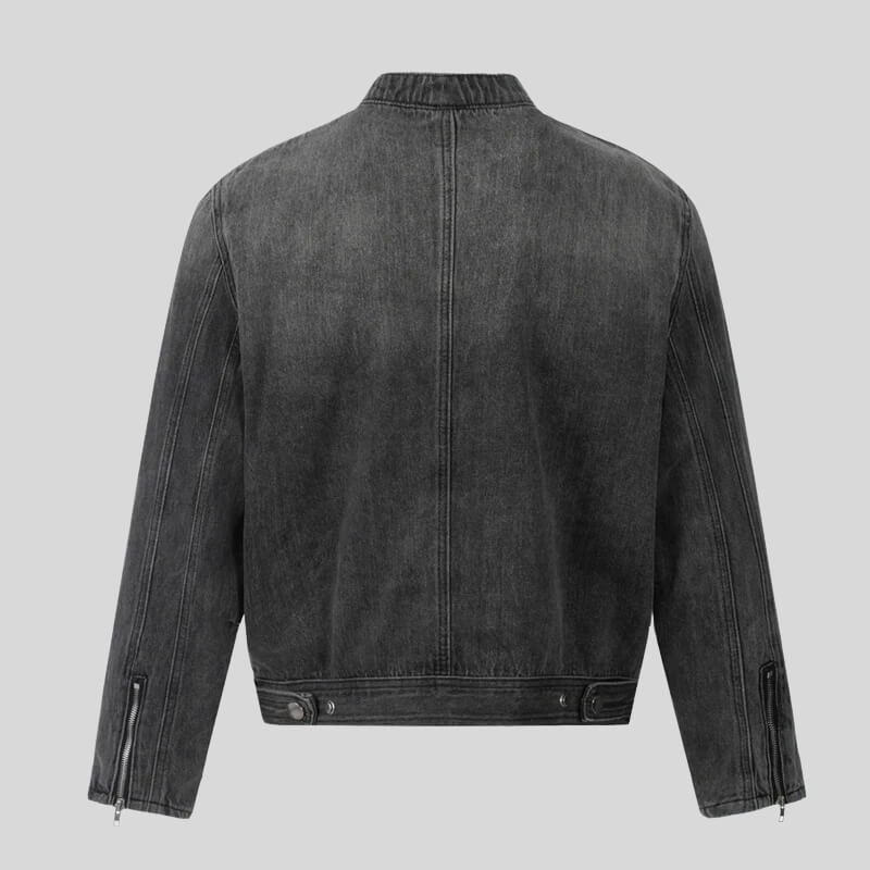 Grå denimjakke til herre med stående krave, lynlås og lange ærmer