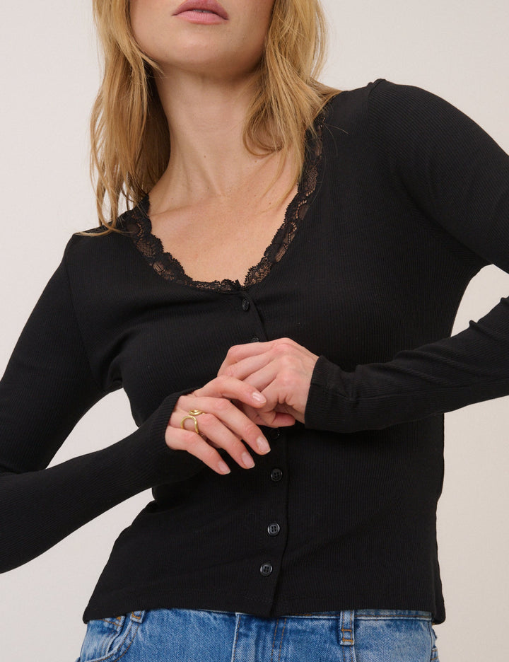 Damen Cardigan in Rippstrick mit V-Ausschnitt und Spitzenbesatz