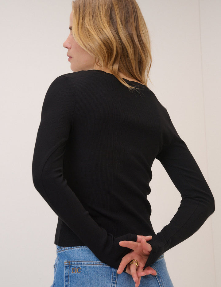 Damen Cardigan in Rippstrick mit V-Ausschnitt und Spitzenbesatz