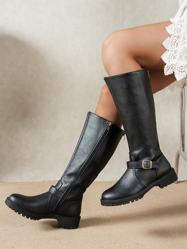 Damen Kniehohe Stiefel mit runder Zehenpartie, Schnalle und Reißverschluss