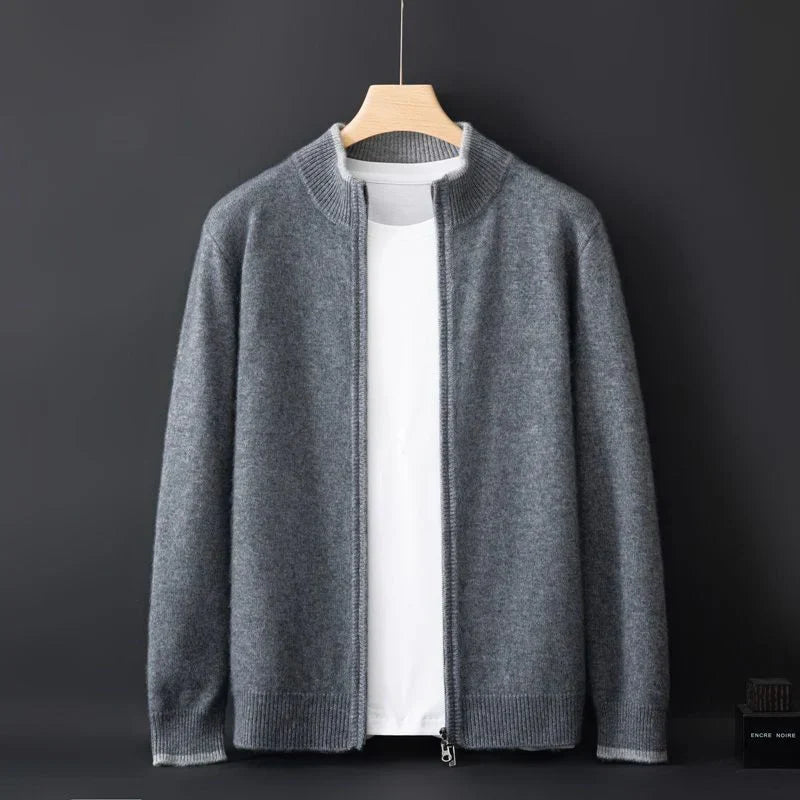 Strikket cardigan med lynlås, høj ribkrave og lange ærmer