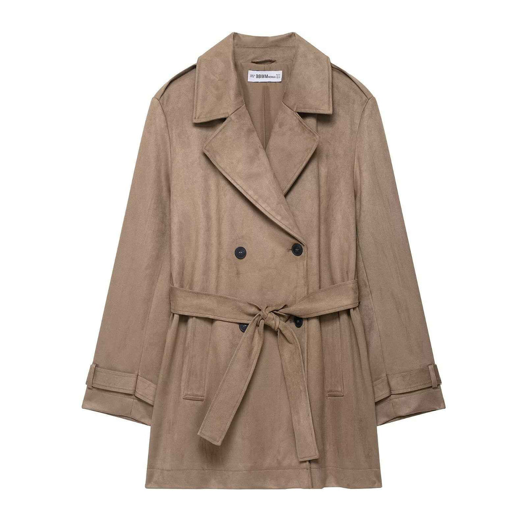 Kort beige trenchcoat til kvinder med reverskrave, knapper og bindebælte