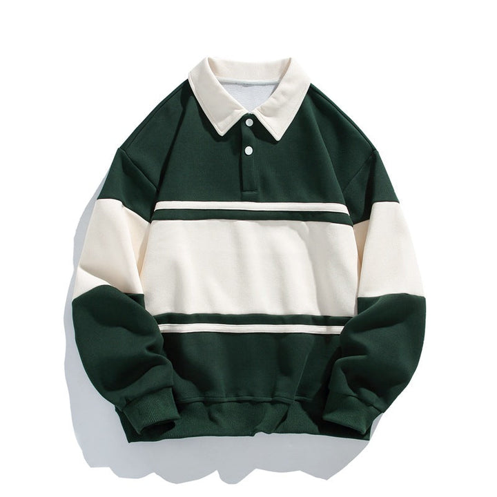 Langærmet polosweatshirt med skjortekrave og stribet farveblokdesign