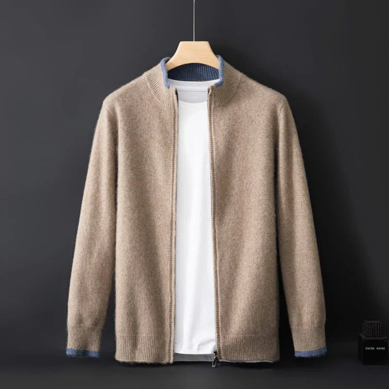 Strikket cardigan med lynlås, høj ribkrave og lange ærmer