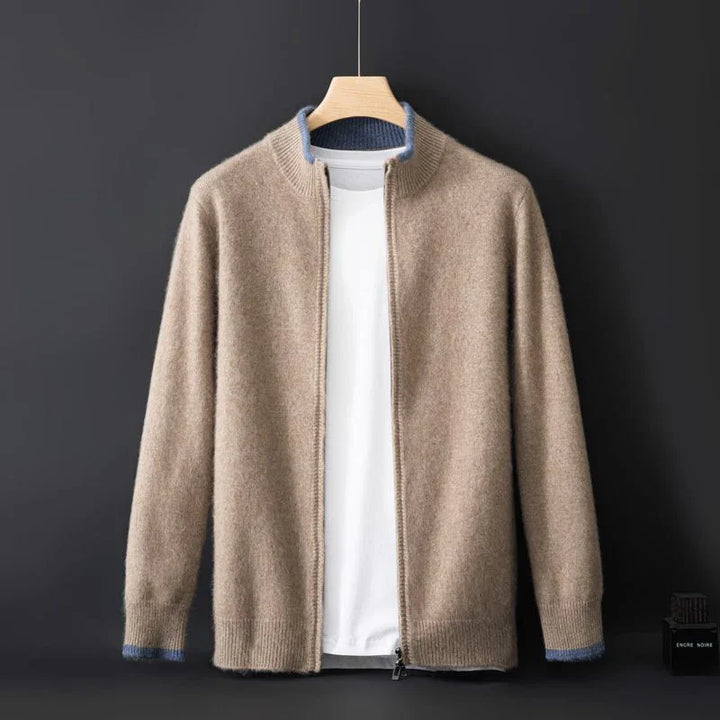 Strikket cardigan med lynlås, høj ribkrave og lange ærmer