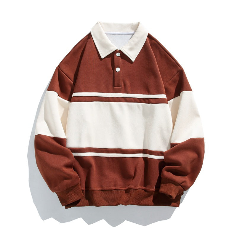 Langærmet polosweatshirt med skjortekrave og stribet farveblokdesign