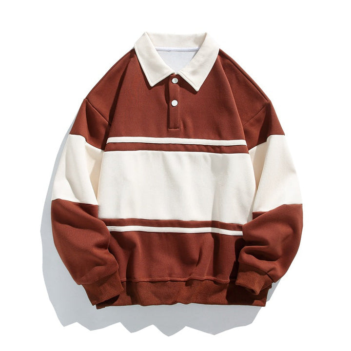 Langærmet polosweatshirt med skjortekrave og stribet farveblokdesign