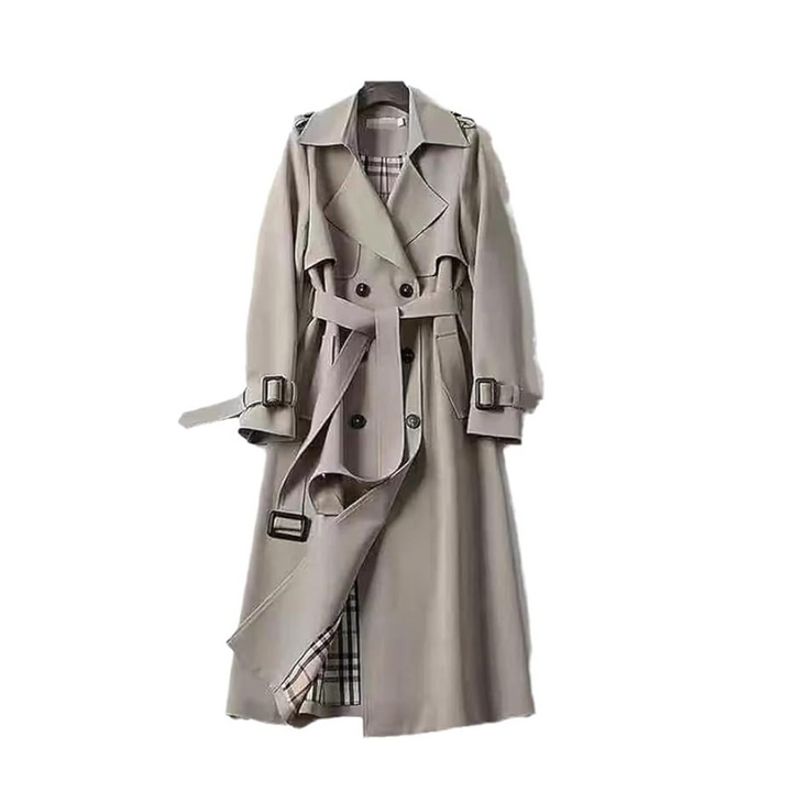 Lang dame-trenchcoat med reverskrave, bælte og knapper