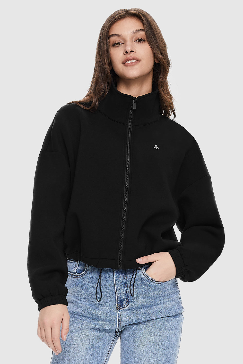 Dame cropped sweatshirt med høj krave, lynlås og justerbar snøre