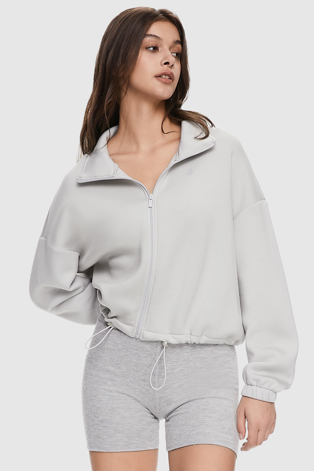 Dame cropped sweatshirt med høj krave, lynlås og justerbar snøre