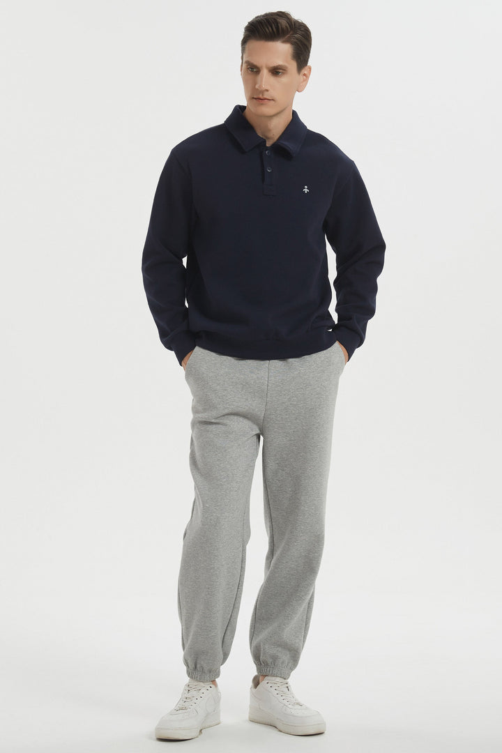 Herre sweatshirt med polokrave, lange ærmer og knapper