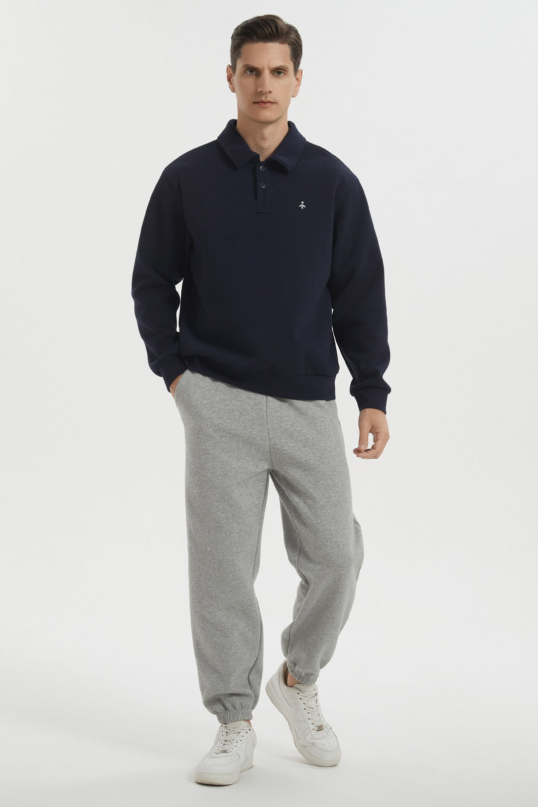 Herre sweatshirt med polokrave, lange ærmer og knapper