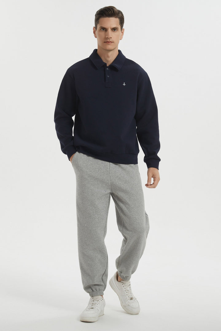 Herre sweatshirt med polokrave, lange ærmer og knapper