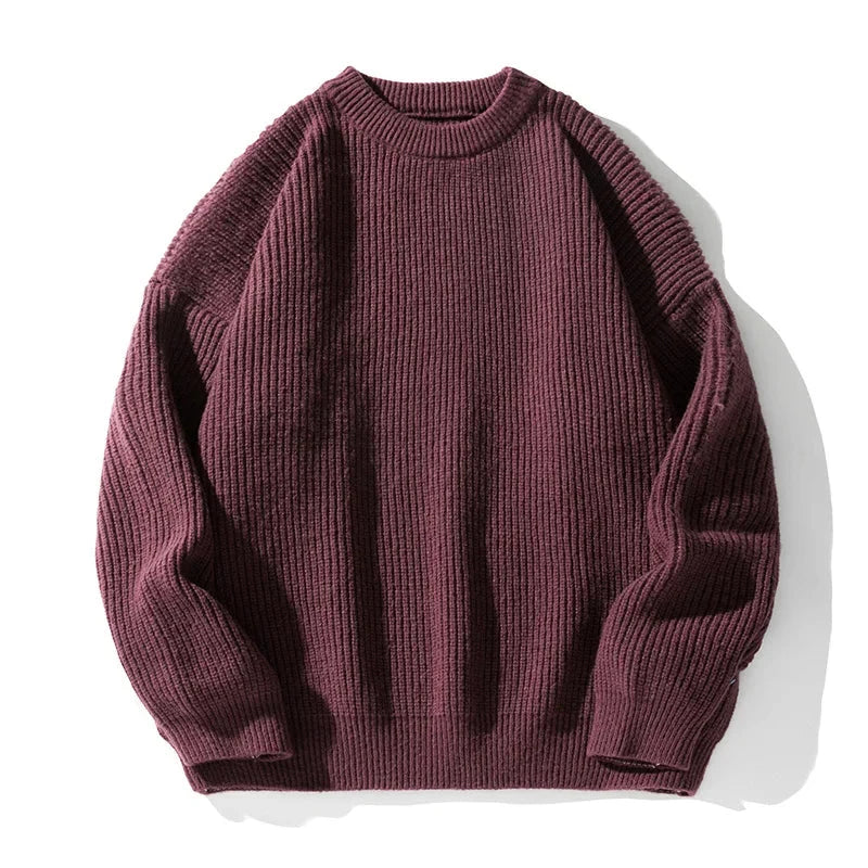Ribstrikket sweater med rund hals, lange ærmer og ribkanter