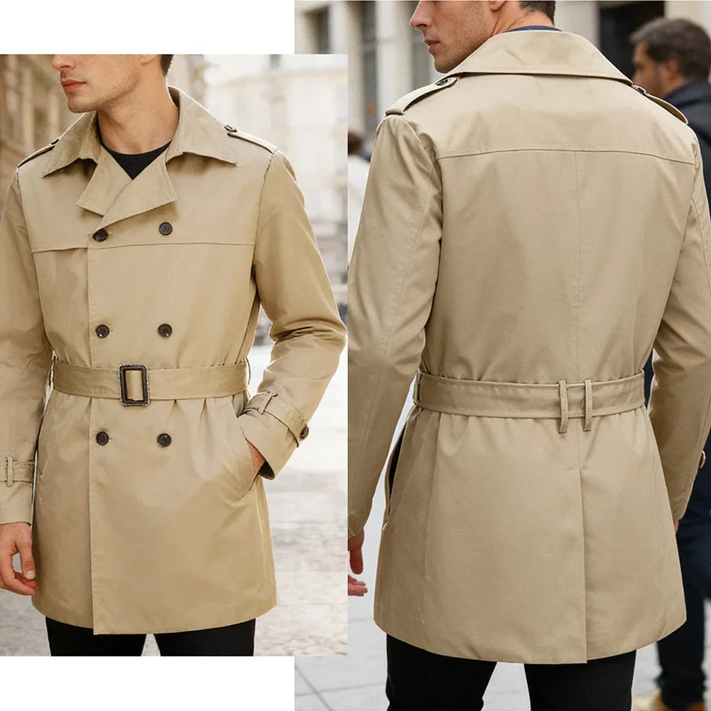 Beige trenchcoat til herre med bælte, knapper og lange ærmer