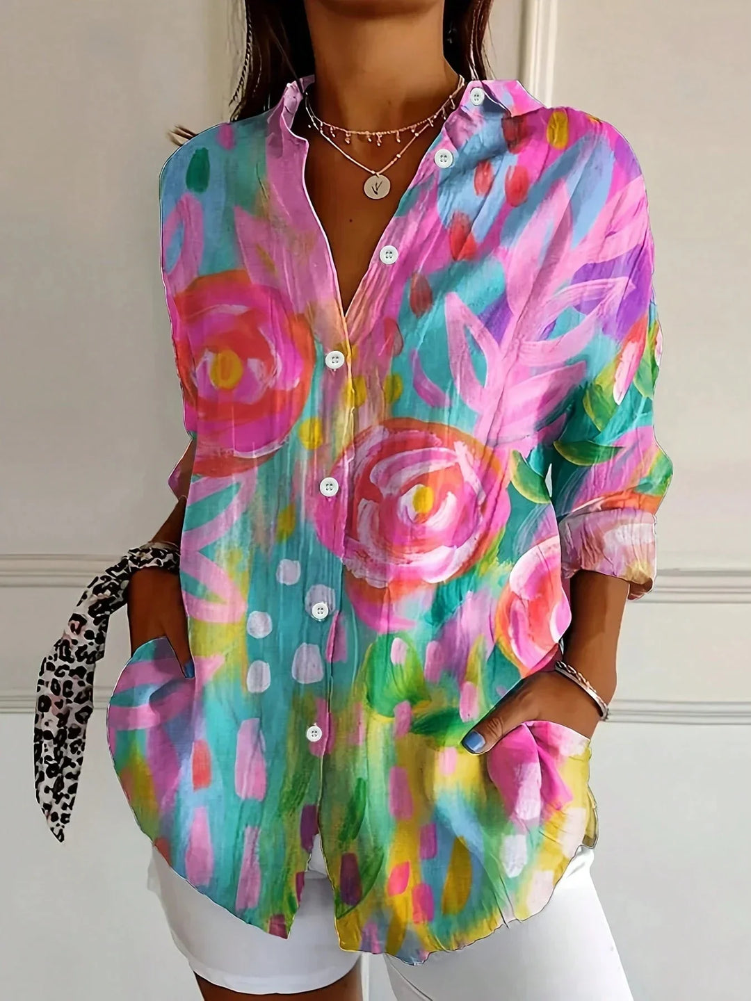 Women Colorful Floral Button Front Blouse