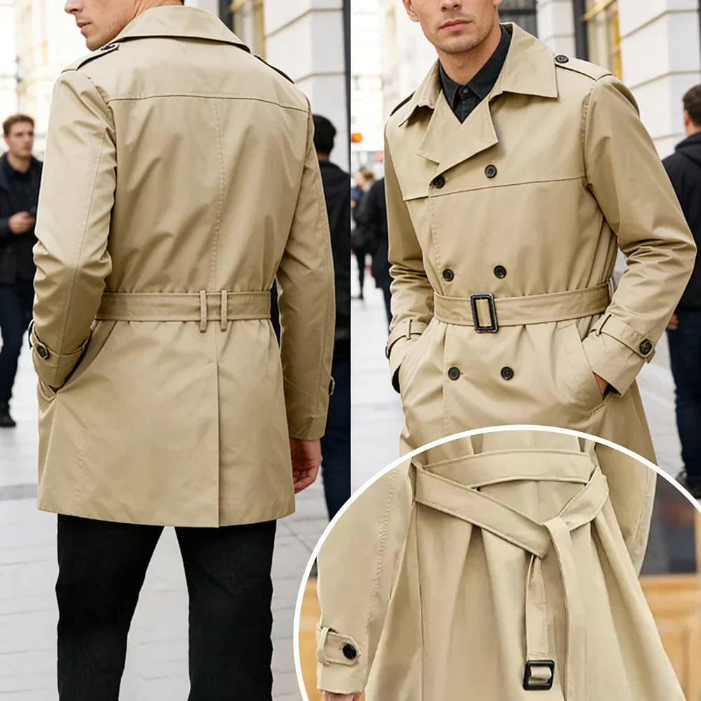 Beige trenchcoat til herre med bælte, knapper og lange ærmer