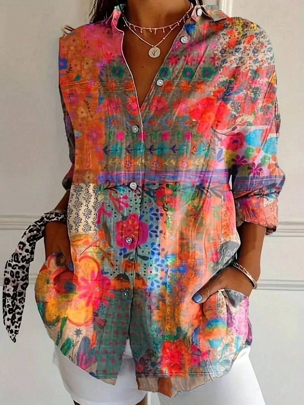 Women Colorful Floral Button Front Blouse