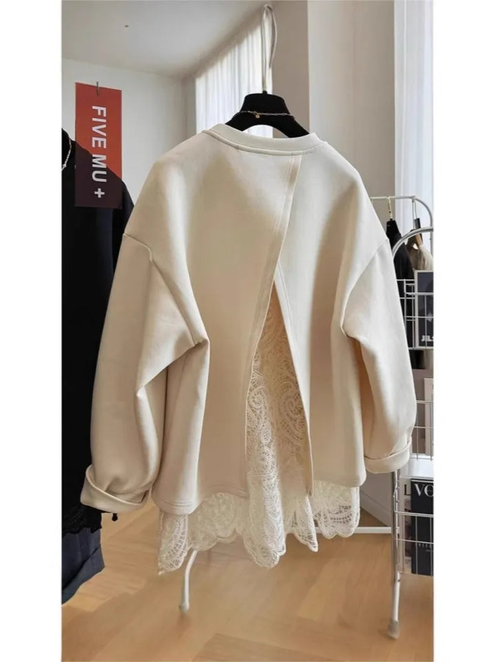 Damesweatshirt med rund hals, lange ærmer og blondekant