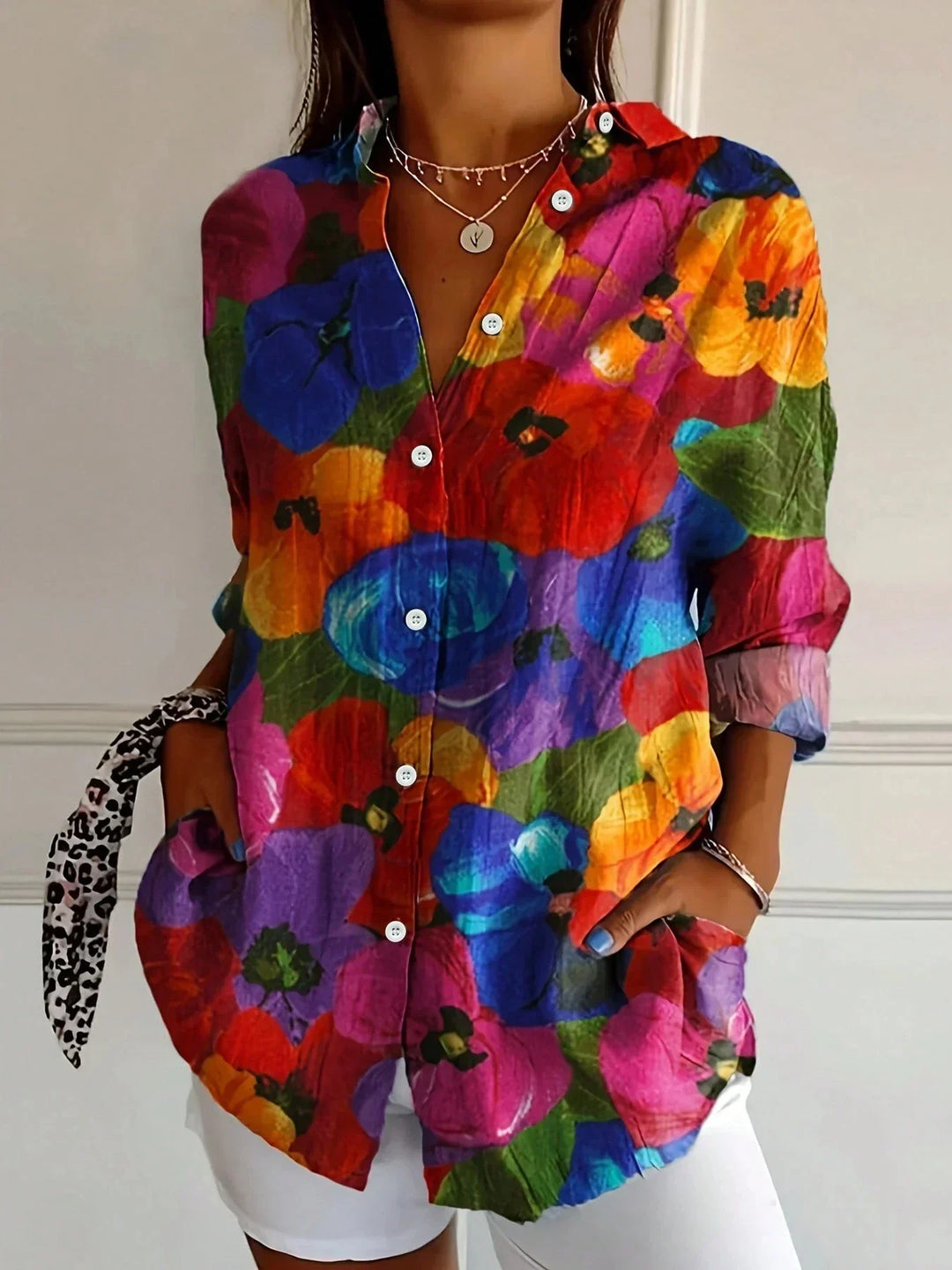 Women Colorful Floral Button Front Blouse